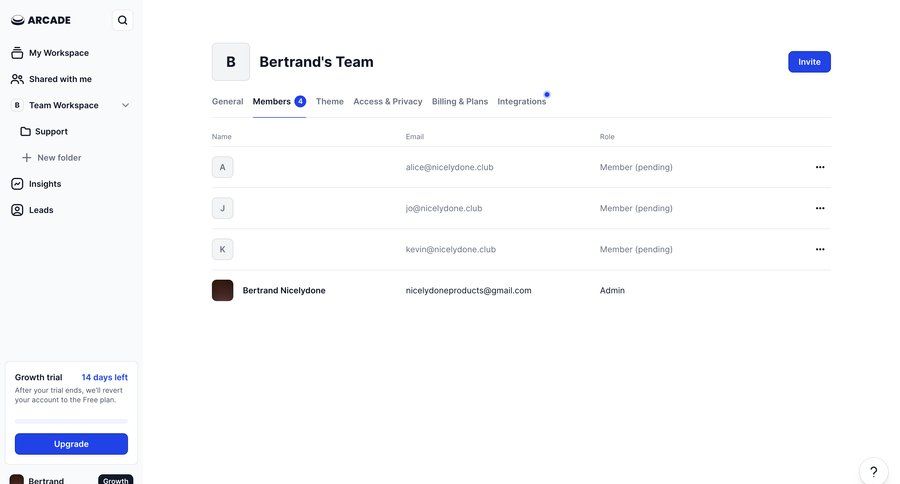 Arcade
			settings team team management team collaboration sidebar navigation user management account settings team workspace user data free plan sidebar menu progress bar table ui page example