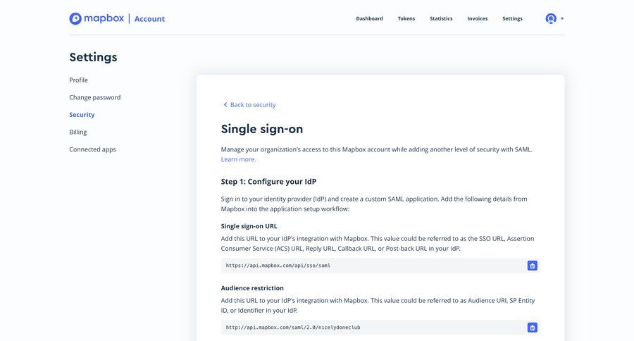 Mapbox
			 configuration settings user management form account settings authentication user role security setup maps location map table identity provider ui page example