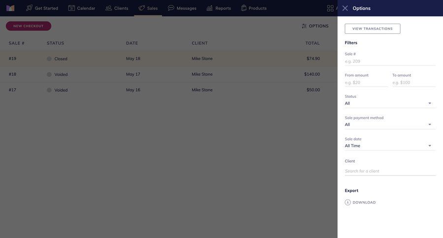 Mangomint
			 modal screen e-commerce form data export export data filtering ui page example