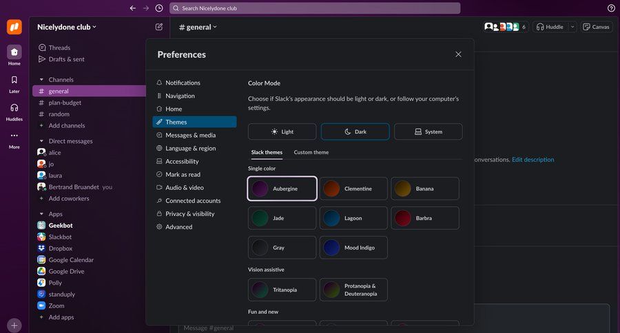 Slack
			 settings sidebar navigation navigating settings color theme sidebar preferences communication chatbot edit mode ui page example
