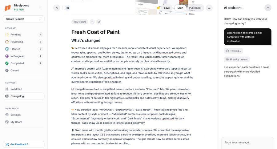 UserJot
			 sidebar navigation full-screen layout sidebar menu changelog chat interface ui page example