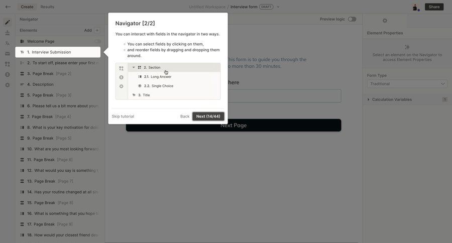 QuestionScout
			 modal screen grid onboarding drag and drop tutorial sidebar reorder ui page example