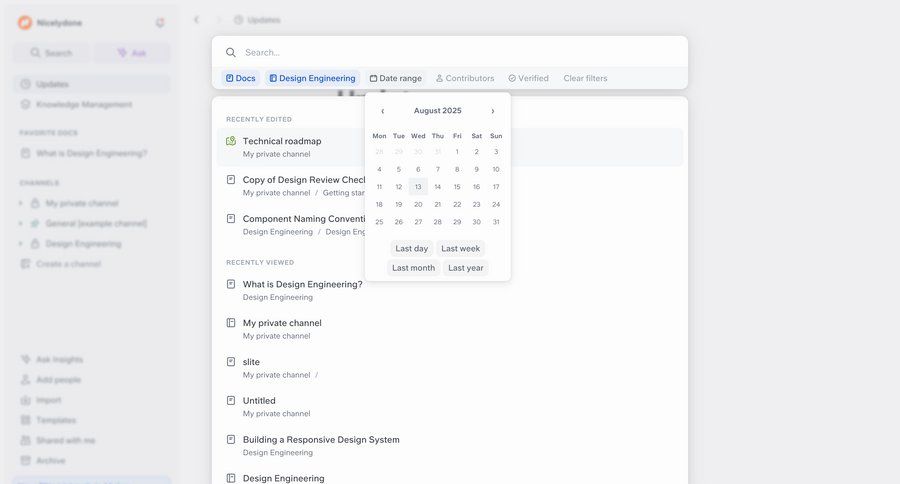 Slite
			list search calendars filters changelog document management knowledge management dropdown filters ui page example