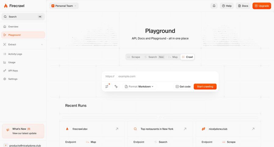 Firecrawl
			 dashboard grid sidebar menu documentation ui page example