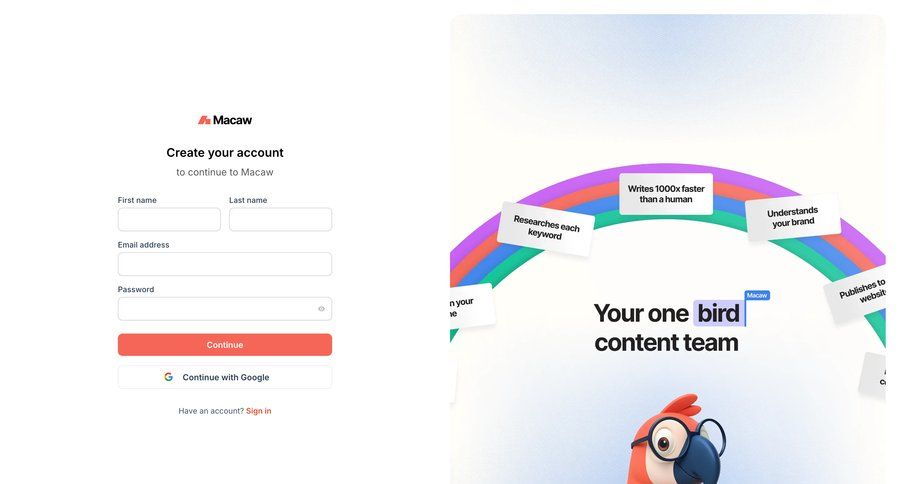 Macaw
			 account management form split screen account creation authentication auth create signup create new account register ui page example