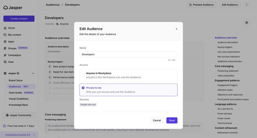 Jasper
			 modal screen settings sidebar navigation form access control user access control audience management ui page example