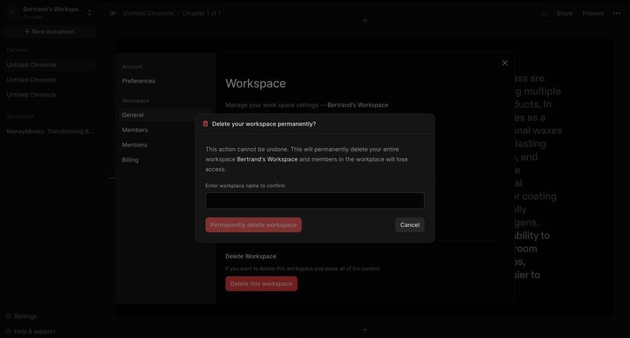 Chronicle
			settings delete warning state data management settings account management confirmation workspace management account settings menu confirmation message ui page example