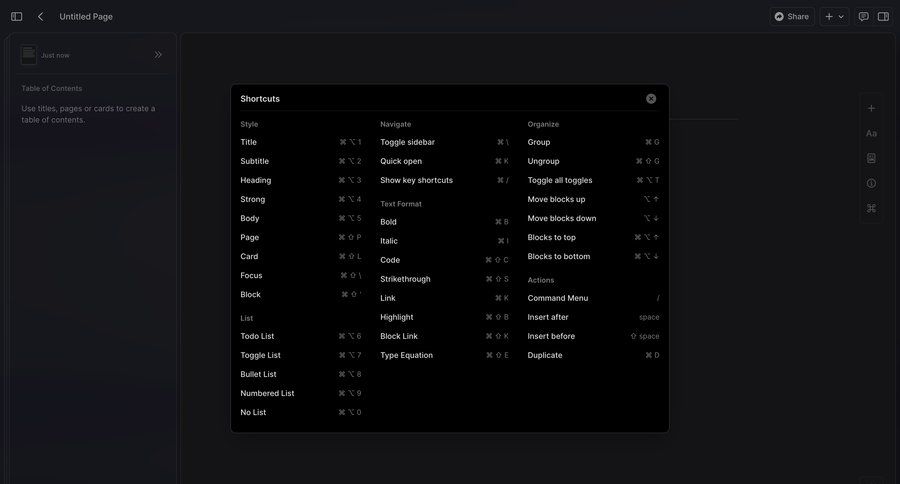 Craft
			modal & popover keyboard shortcuts document editing mobile keyboard shortcuts shortcuts hotkeys quick actions quick keys command k ui page example