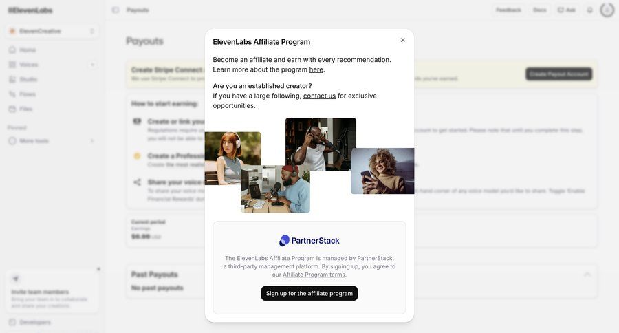 Elevenlabs
			 affiliate program ui page example