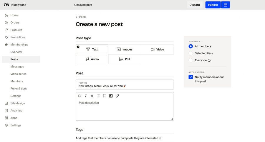 Fourthwall
			 content management form access control full-screen layout sidebar create notification settings ui page example