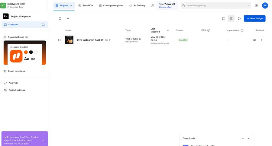 Creatopy
			 dashboard project management grid sidebar create download table project dashboard ui page example