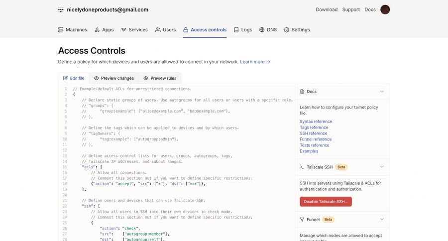 Tailscale
			 sidebar settings security access control configuration docs access controls comment mode ui page example