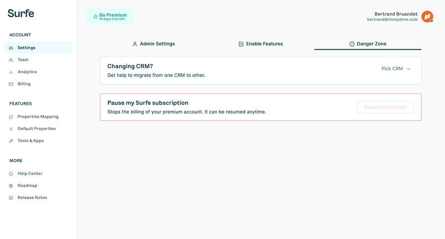 Surfe
			cancel subscription settings sidebar navigation account management account settings subscription management navigating settings content blocks cancel trial sidebar features crm dashboard ui page example