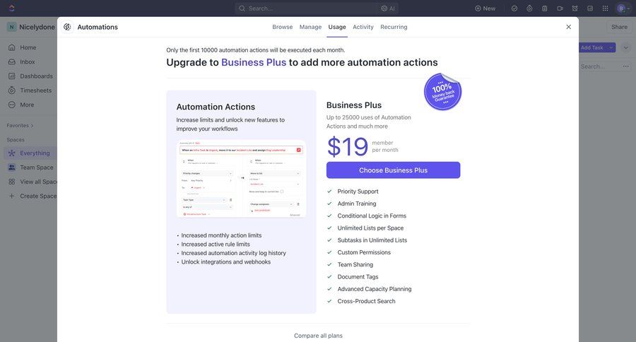 ClickUp
			 automation conditional logic plan comparison upgrade modal payment history pay payment options product packages paywall payment page modern payment confirmation ui page example