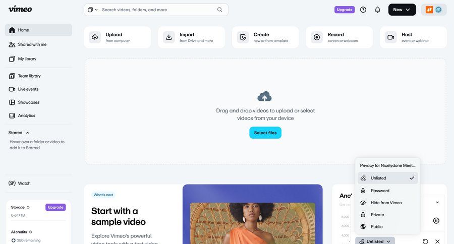 Vimeo
			 content management settings dashboard sidebar navigation account management grid onboarding file upload privacy settings menu ui page example