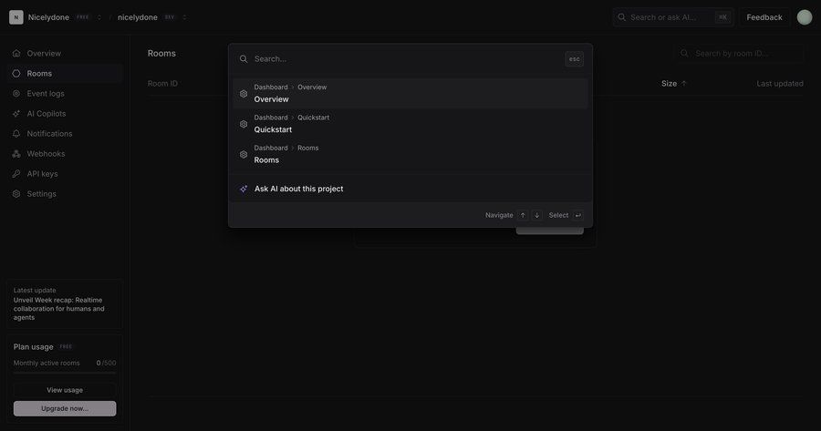 Liveblocks
			home search navigation command palette artificial intelligence sidebar navigation global search ui page example