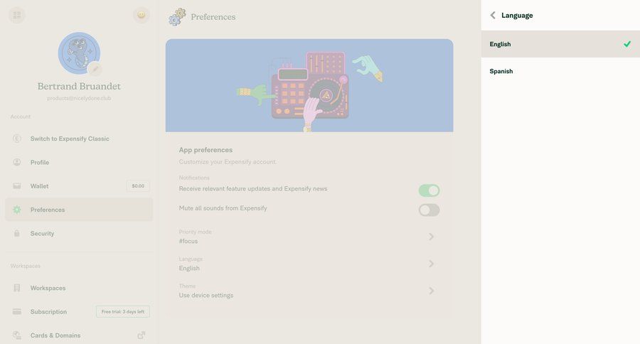 Expensify
			 settings finance account settings sidebar preferences cards ui localization ui page example