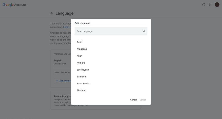 Google Account
				settings ui page example