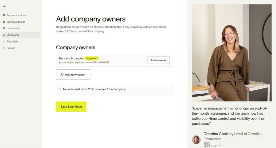 Ramp
			 sidebar navigation onboarding form finance progress tracking data entry radio group sidebar collaborators group members ui page example