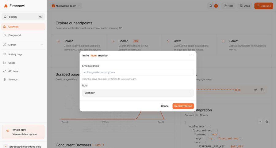 Firecrawl
			 team collaboration dashboard form sidebar ui page example