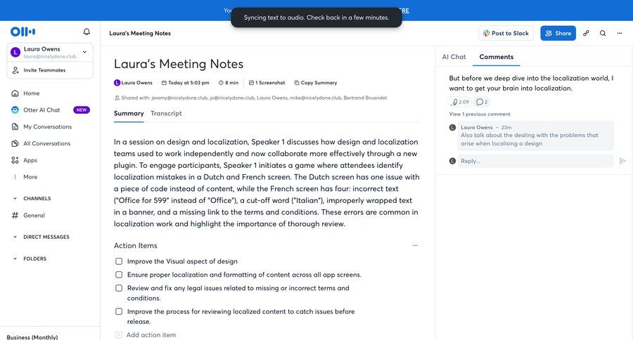 Otter
			 collaboration sidebar navigation project collaboration split view right sidebar call transcript sidebar menu tips modern review meeting summary transcript localization sharing ui page example
