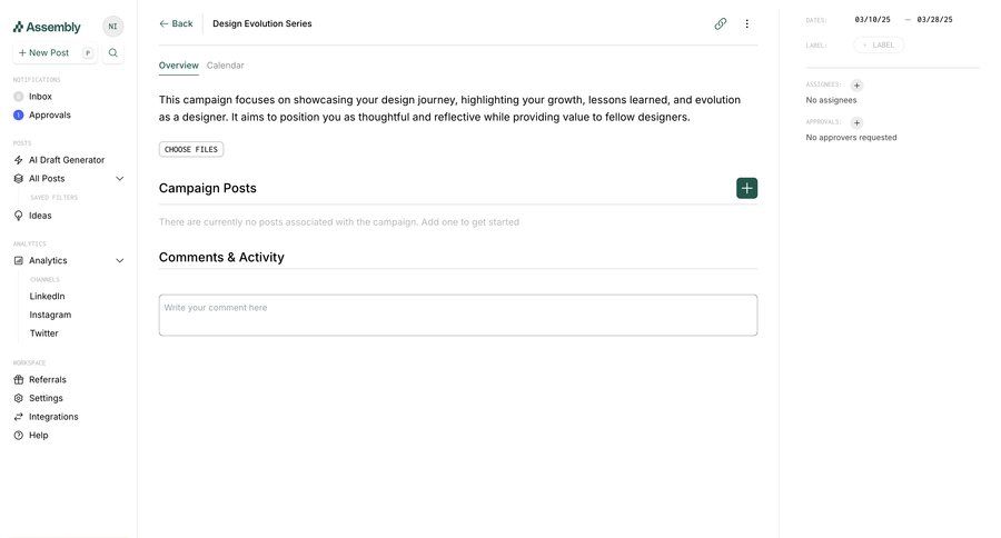 Assembly
			 configuration settings team collaboration campaign management parameters review campaign creation analytics ui page example