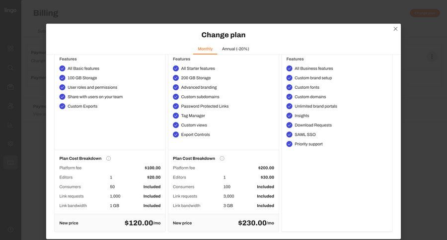 Lingo
			 modal screen subscription management plan comparison features ui page example