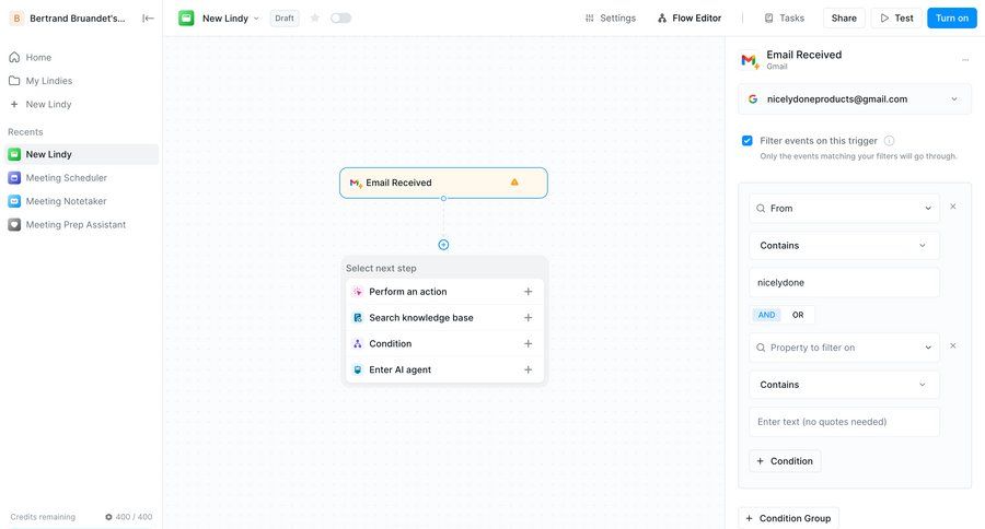 Lindy
			 configuration sidebar navigation grid workflow automation workflow automation full-screen layout workflow configuration email workflow editor sidebar configuration screen ui page example