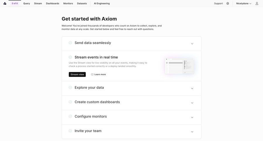 Axiom
			settings list onboarding team progress tracking ui page example