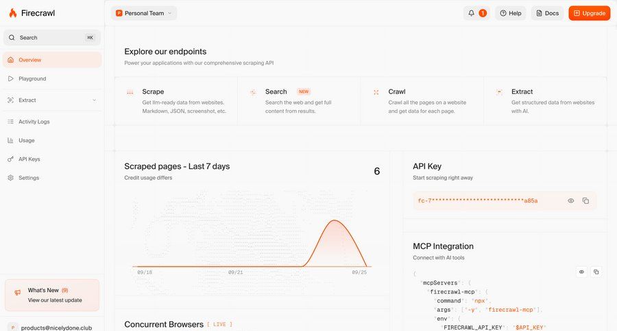 Firecrawl
			 dashboard dashboard overview sidebar menu integration code snippet team management ui page example