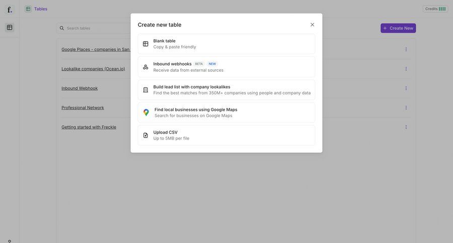 Freckle
			 modal screen data management grid export file upload data import create upload file table ui page example