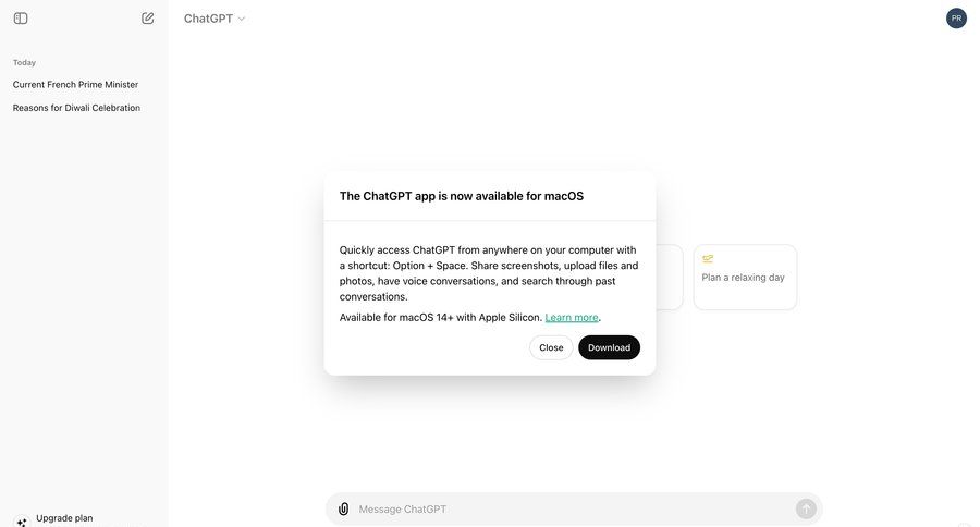 ChatGPT
			application download modal screen artificial intelligence sidebar chat upload file desktop download mobile announcement chat interface chatbot ui page example