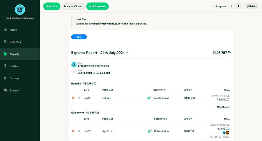 Expensify
			 sidebar navigation finance data display expense management financial reporting sidebar product details menu table transaction history approval workflow ui page example