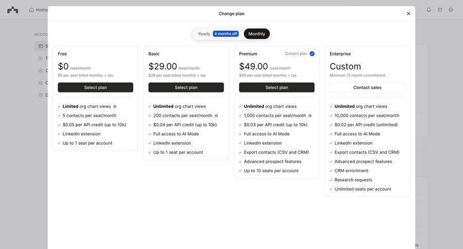 The org
			settings plans & pricing (in app) modal & popover account settings settings account management account settings plan comparison full screen modal credits progress bar ui page example