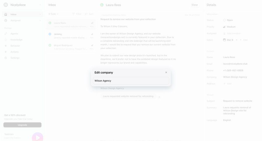 Lemni
			 onboarding form email management email inbox upgrade modal task communication call intelligence sidebar communication chat messages autocomplete ui page example
