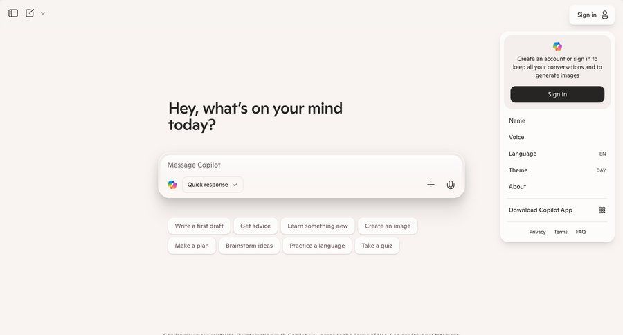 Copilot
			 artificial intelligence account management onboarding user authentication account creation account settings sidebar sign in chat interface modern conversational ui page example