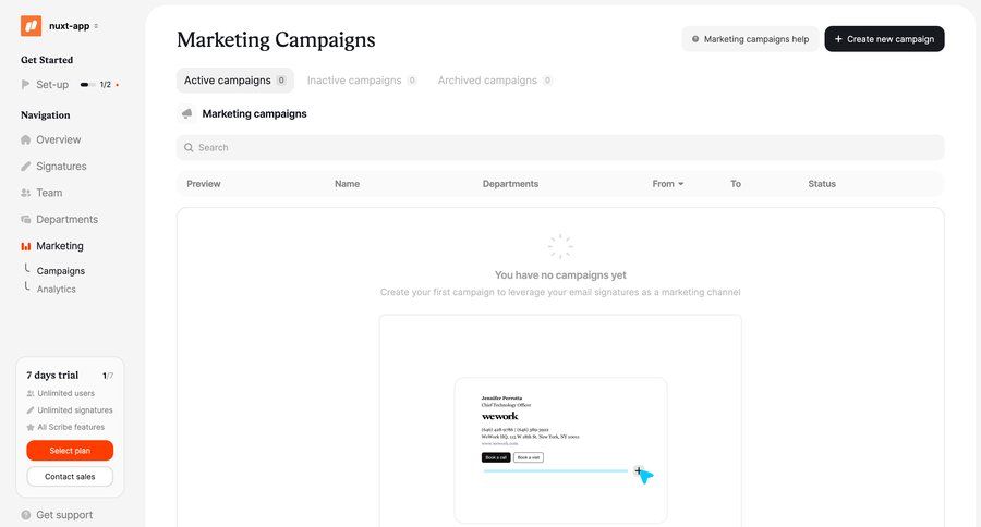 Scribe
			 sidebar navigation automation campaign management sidebar blank state void blank non-ideal state empty page prompt create setup table campaign creation ui page example