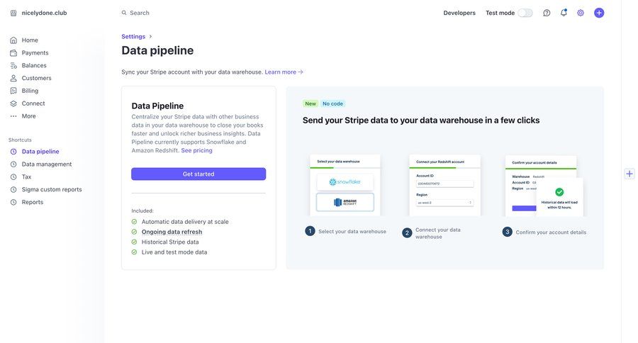 Stripe
			 data management configuration settings sidebar navigation fintech sidebar setup integration shortcuts modern connect service analytics data integration data pipeline ui page example