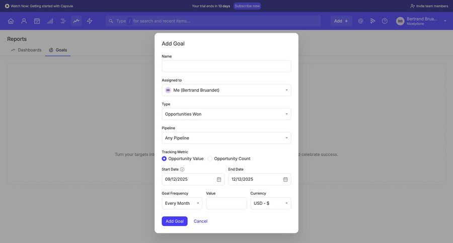 Capsule
			 project management form date picker performance metrics create trial banner sales crm ui page example