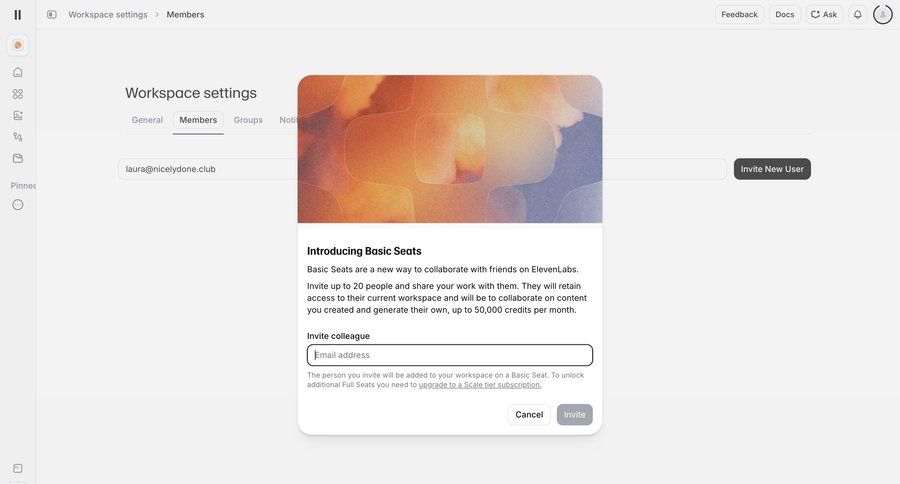 Elevenlabs
			 user management workspace settings ui page example