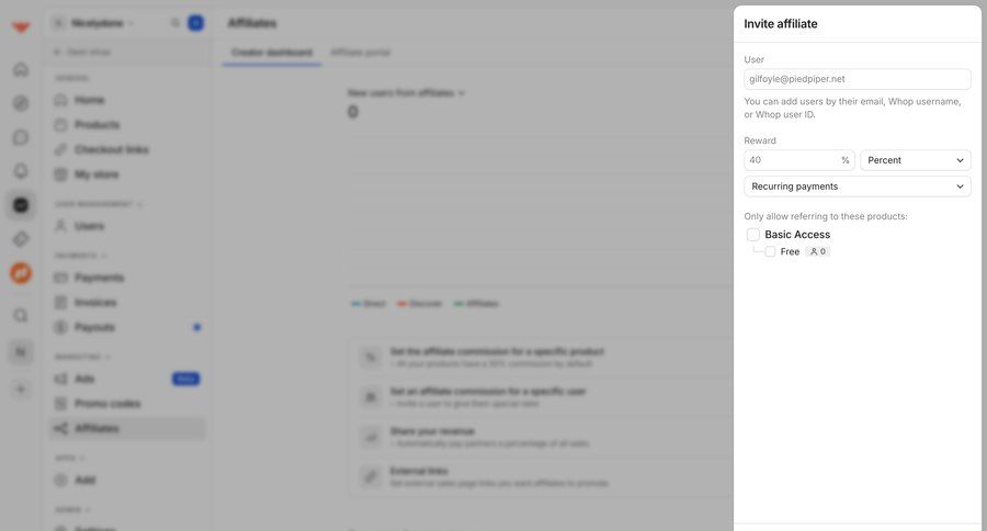 Whop
			 user invitation affiliate program ui page example