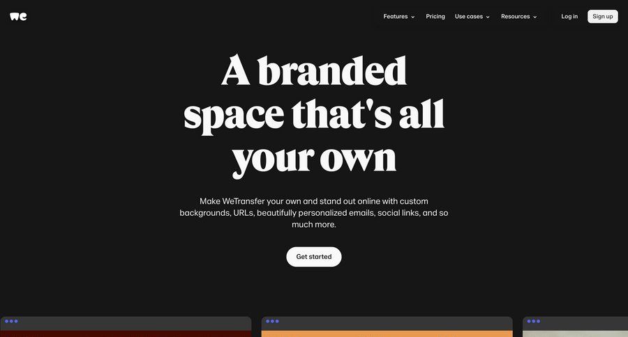 WeTransfer
			 grid design content hierarchy call to action upload file features testimonials case studies customer stories ui page example