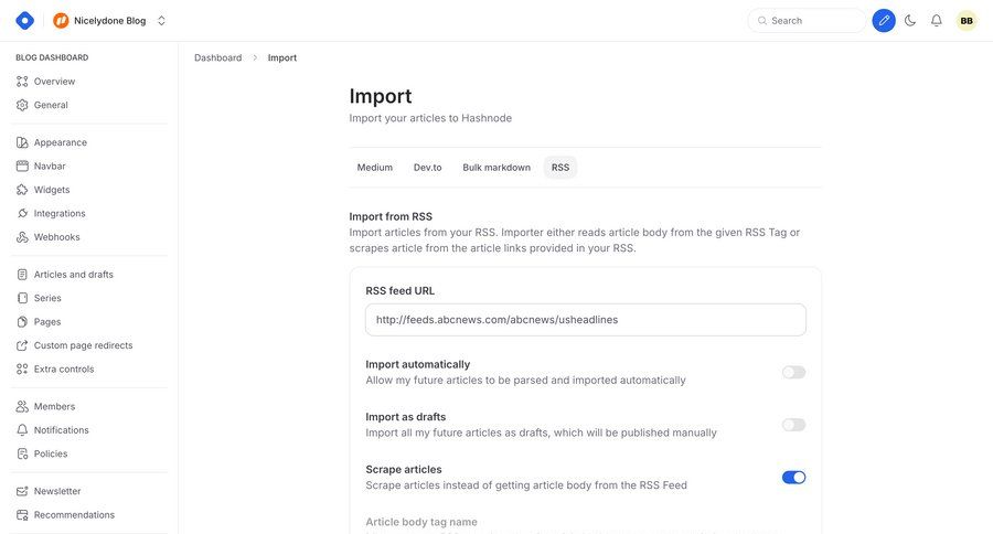 Hashnode
			 content management settings sidebar navigation form import data blog management bulk import bulk edit wizard sidebar data import import file import tool import wizard world map map view version history file picker version control ui page example