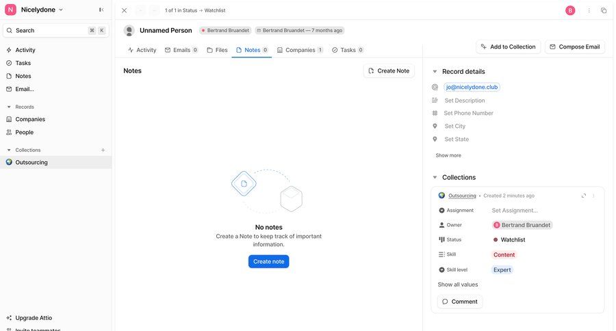 Attio
			 project management split view compose email note creation sidebar menu modern ui page example
