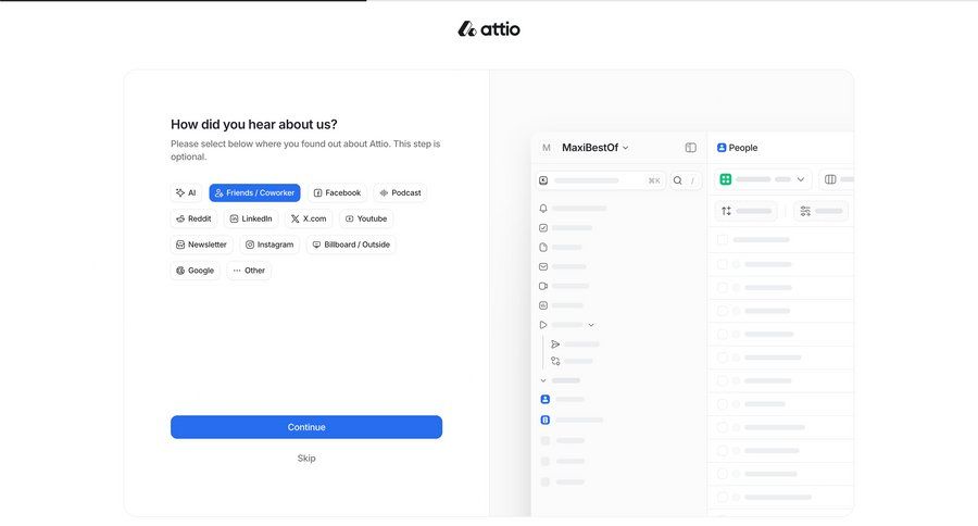 Attio
			 onboarding form user feedback ui page example