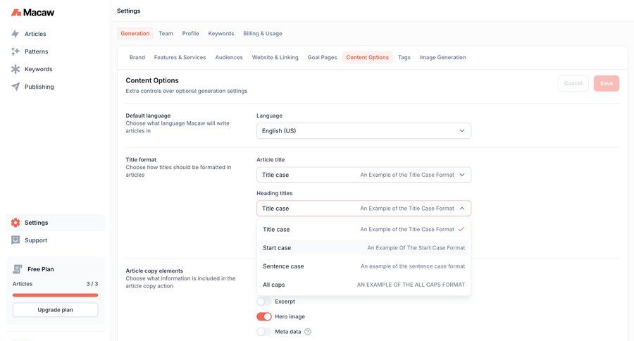 Macaw
			 content management configuration settings form save changes settings modal ui page example