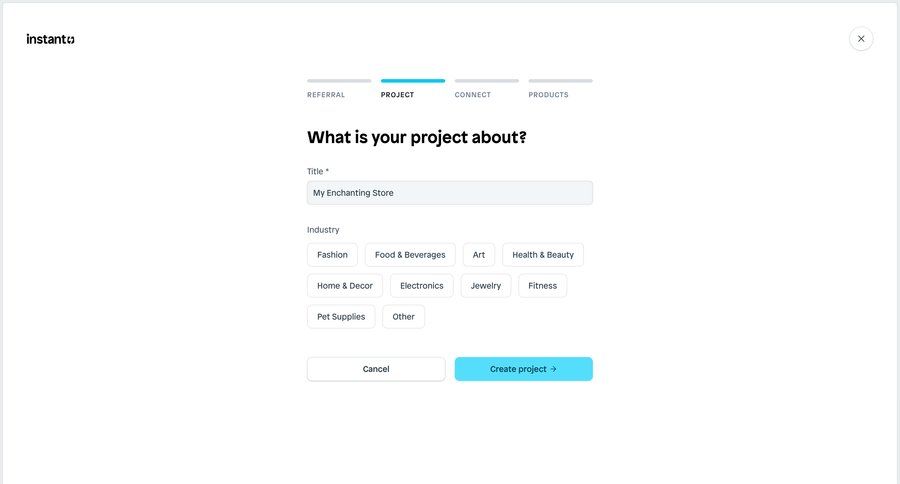 Instant
			 modal screen project management form project setup project creation data entry create generate ui page example