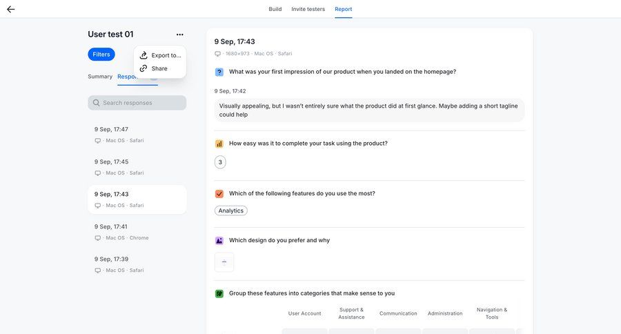 Wynde
			 user research export menu sharing ui page example