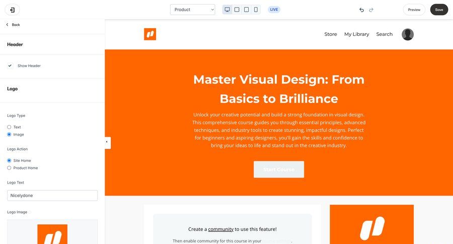 Kajabi
			 save changes course creation modern edit mode ui page example