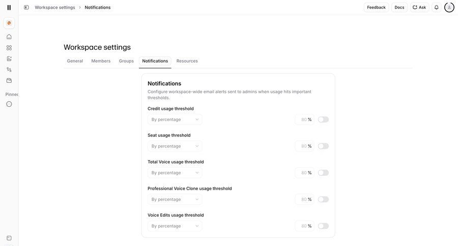 Elevenlabs
			settings workspace settings notification settings workspace settings ui page example
